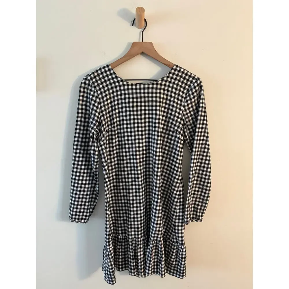 J. Crew Gingham Plaid Ruffle Dress XS Black White Tie Back Long Sleeve Twee